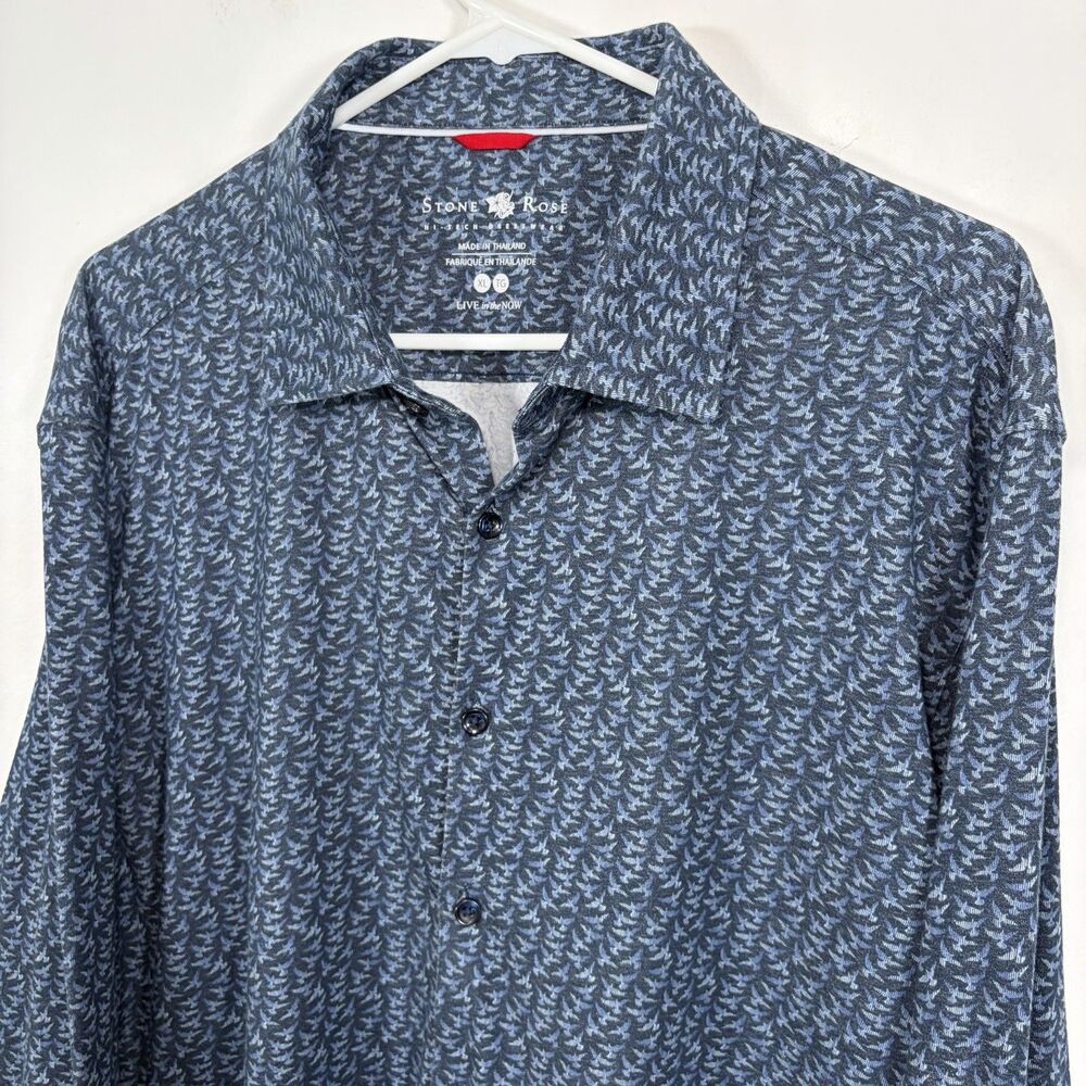 Stone Rose Button Down Shirt Mens XL Blue Birds AOP Hi-Tech Dresswear LS EUC